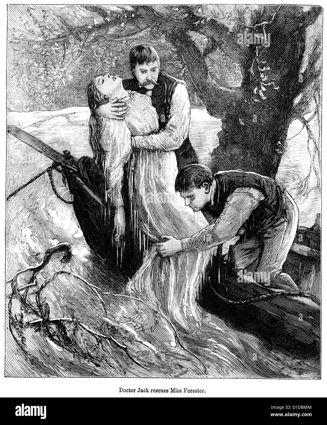 Incisione in stile vittoriano di due uomini il salvataggio di una giovane donna da annegamento in un fiume, 1897 Foto Stock