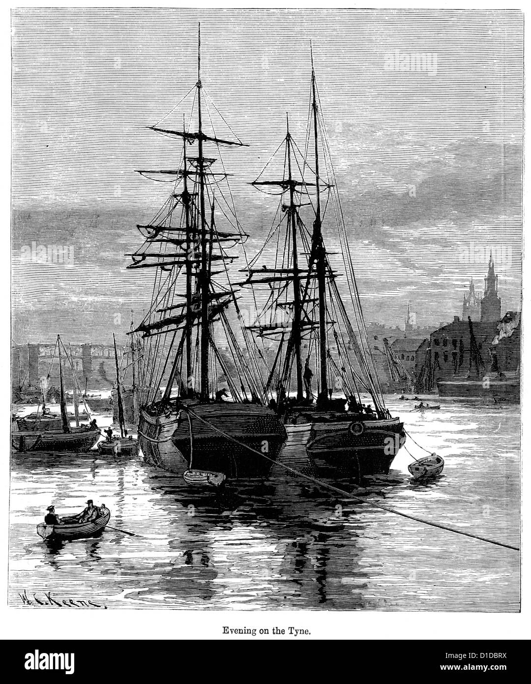 Incisione in stile vittoriano di navi ormeggiato sul fiume Tyne , 1897 Foto Stock