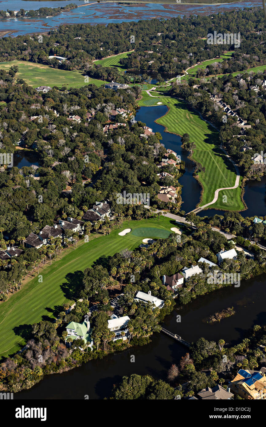 Vista aerea del Fiume Campo da Golf su Kiawah Island, nella Carolina del Sud. Foto Stock