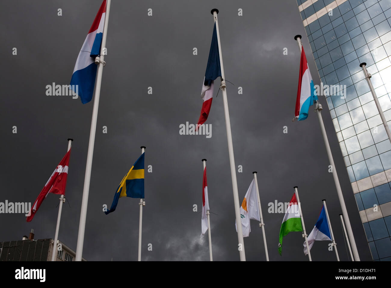 Bandiera UE, tempeste, Bruxelles Foto Stock