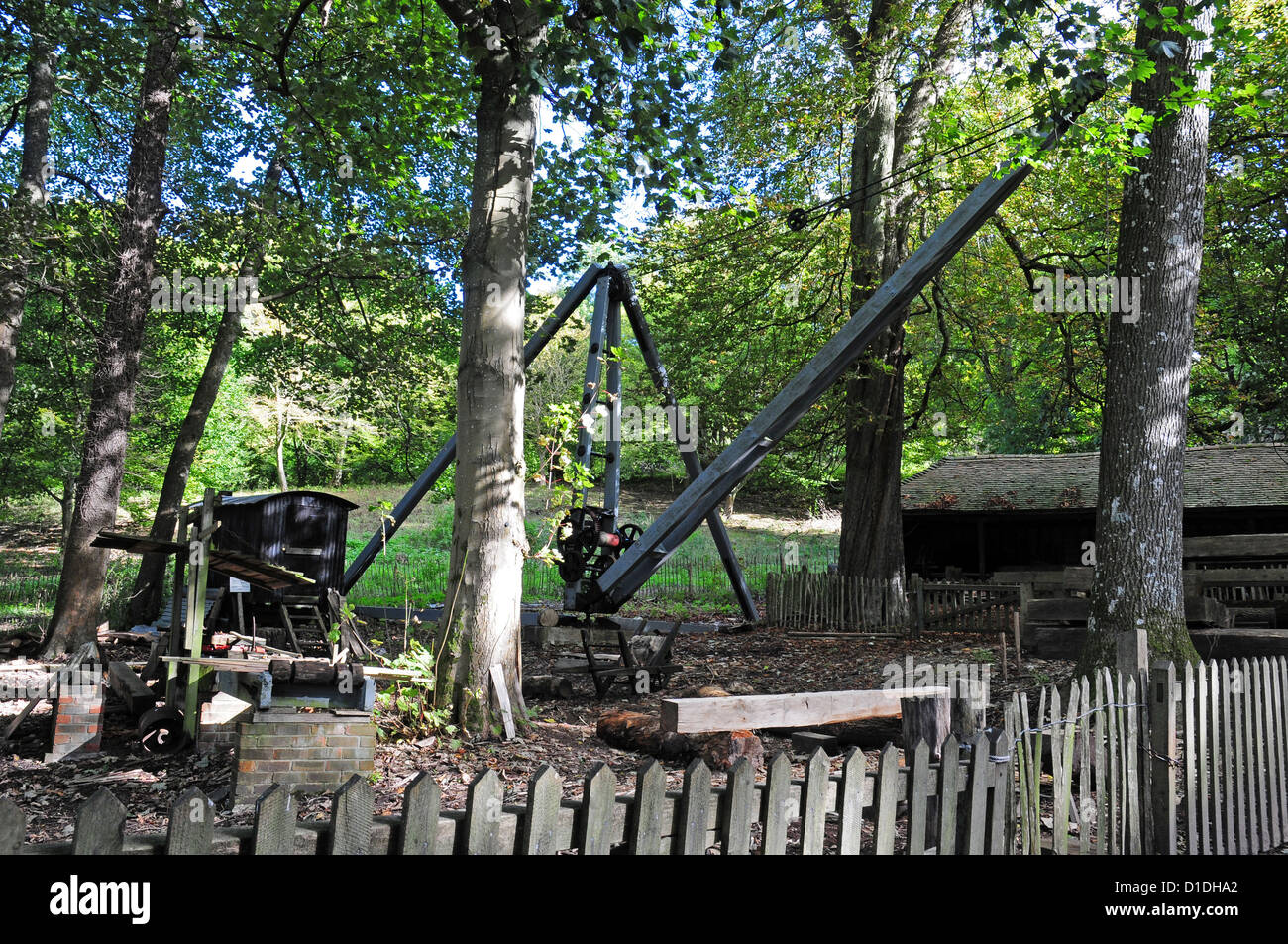 Azionato a mano in legno e gru woodyard. Weald and Downland Open Air Museum. Foto Stock