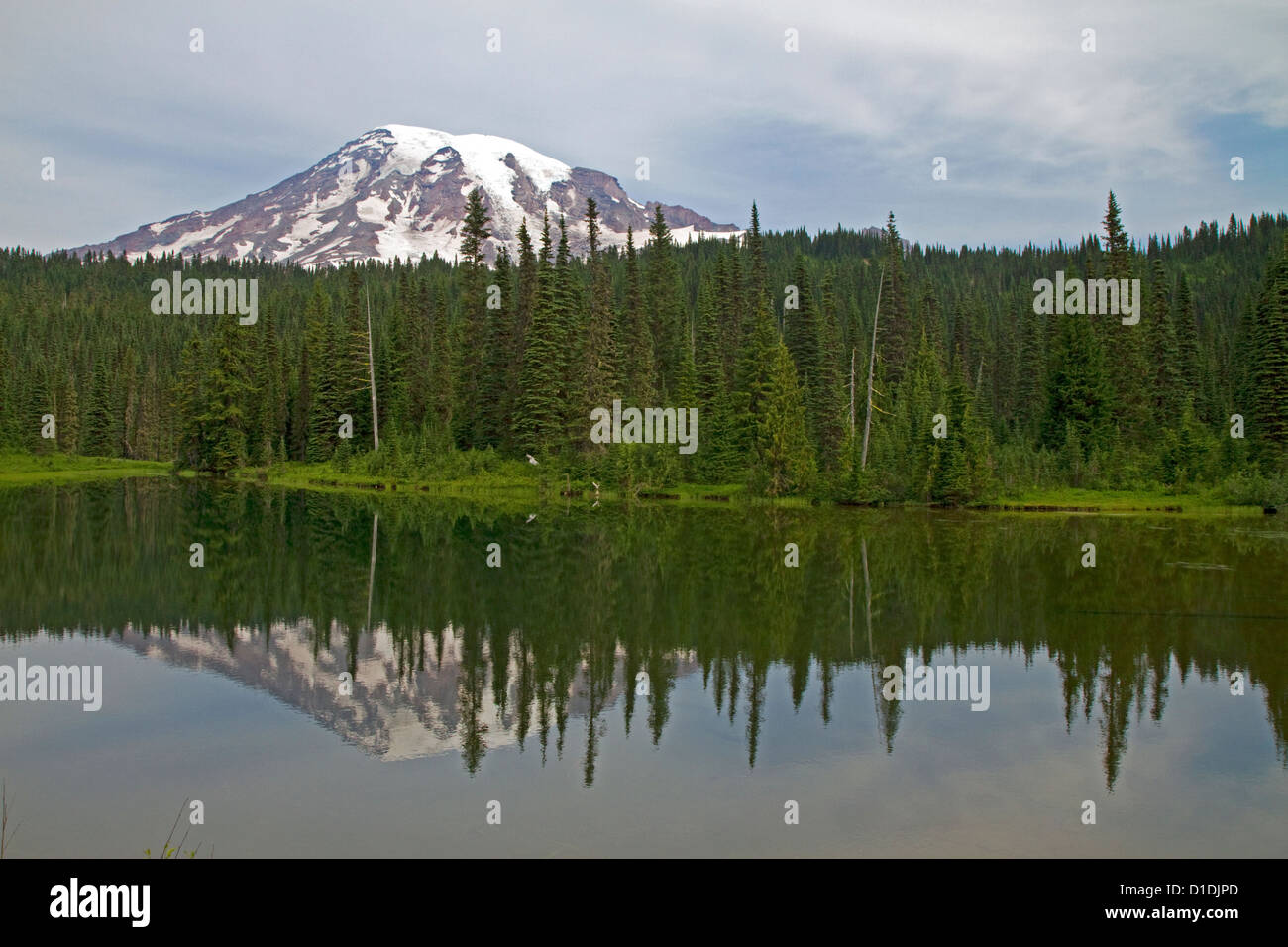 Mirror Lake e il Monte Rainier in Mount Rainier National Park, Washington, Stati Uniti d'America Foto Stock