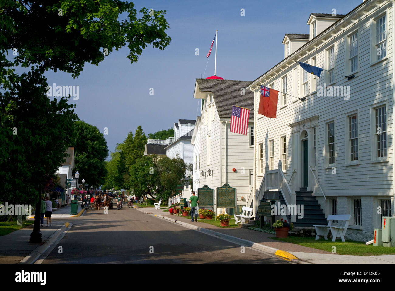 Market Street edifici sull isola di Mackinac situato nel Lago Huron, Michigan, Stati Uniti d'America. Foto Stock