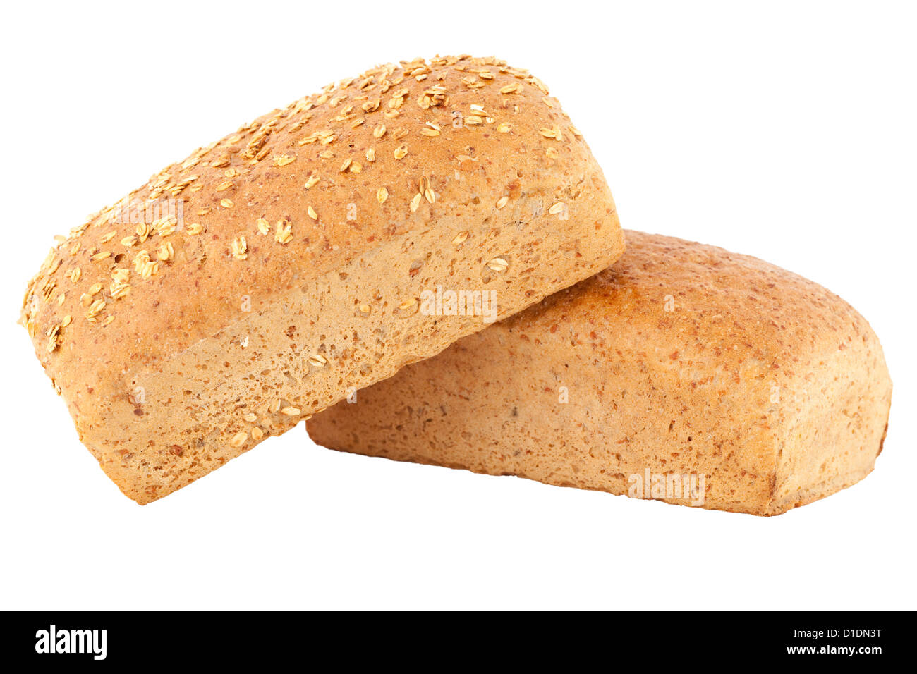 Due tutto il pane con la farina di avena su sfondo bianco Foto Stock