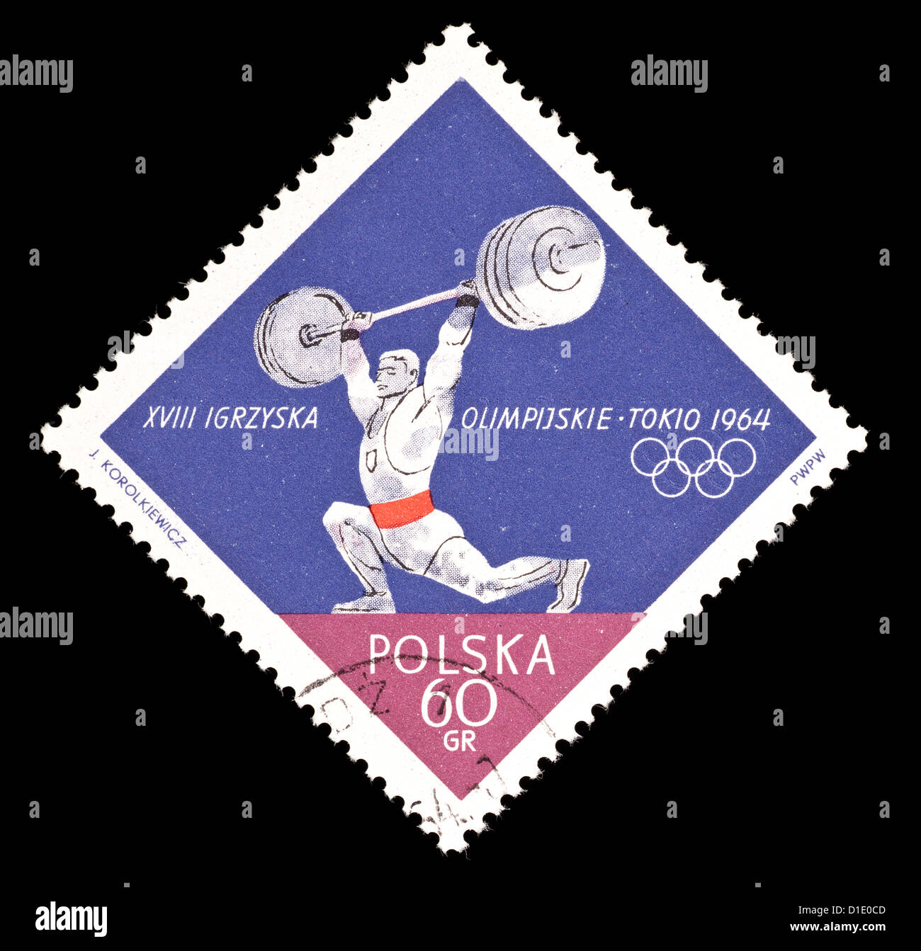 Francobollo dalla Polonia raffigurante un weightlifter, rilasciati per il 1964 Giochi Olimpici Estivi a Tokyo in Giappone. Foto Stock