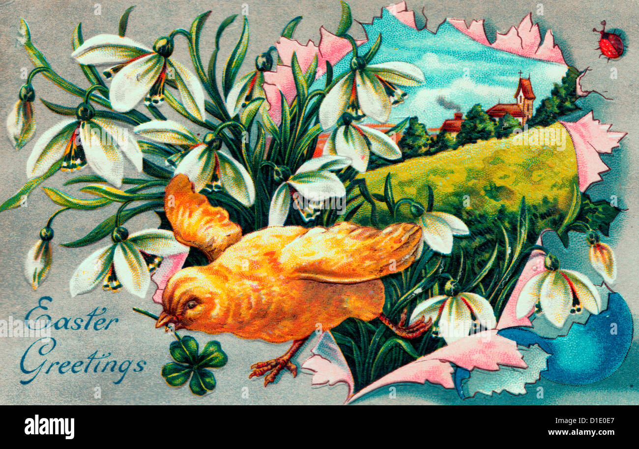 Auguri di buona Pasqua - pulcino che porta quattro foglia di trifoglio in scena a molla Foto Stock
