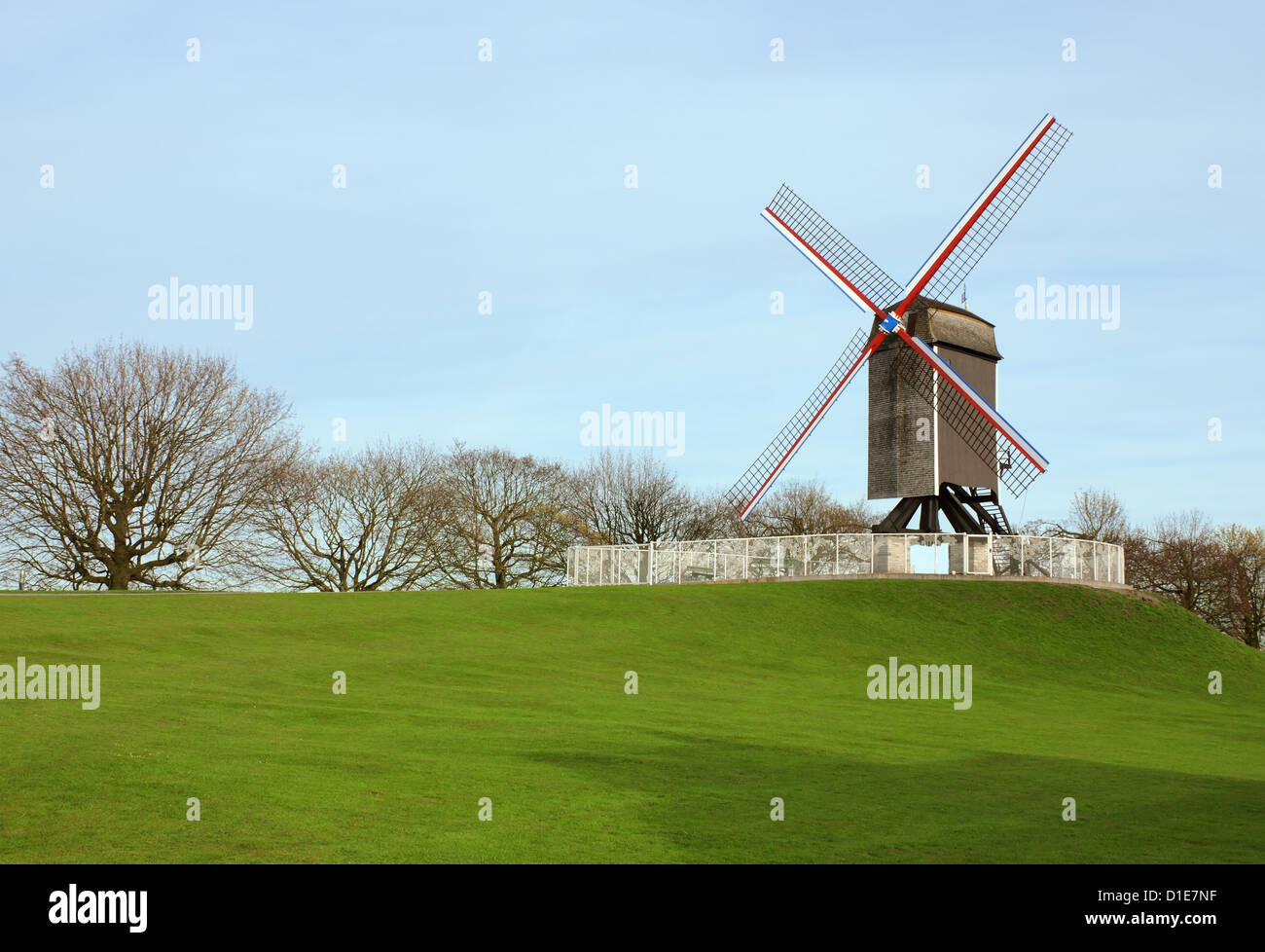 Mulino a vento a Bruges, Belgio colpo di erba verde e blu sullo sfondo del cielo. Foto Stock