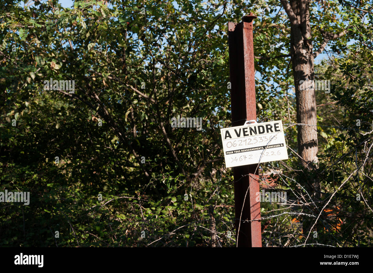 Una per la vendita (A vendre) segno su un incolto appezzamento di terra nel sud della Francia. Foto Stock