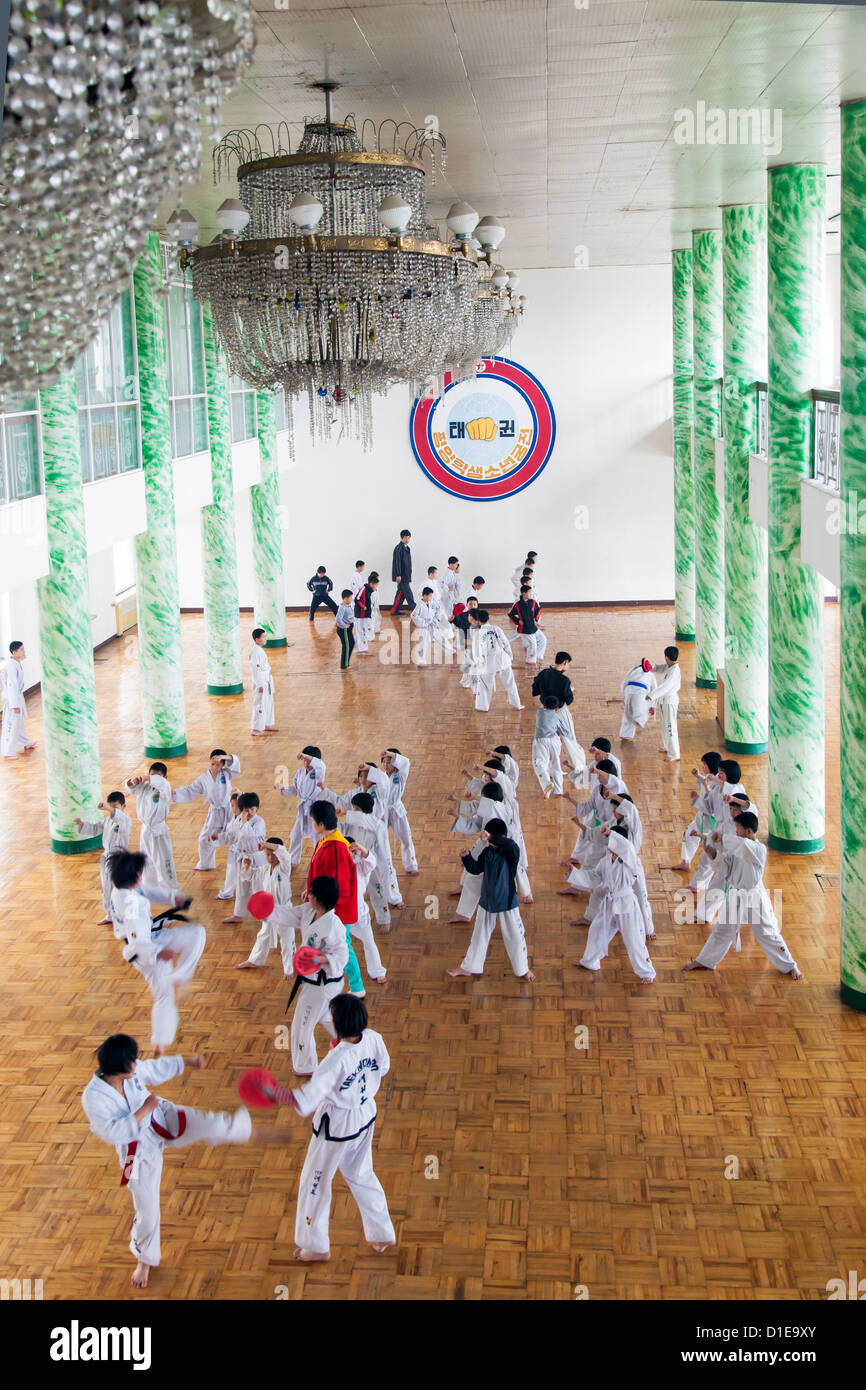 Il tae kwon do classe, Mangyongdae scolari's Palace, Pyongyang, Repubblica Popolare Democratica di Corea (DPRK), Corea del Nord Foto Stock
