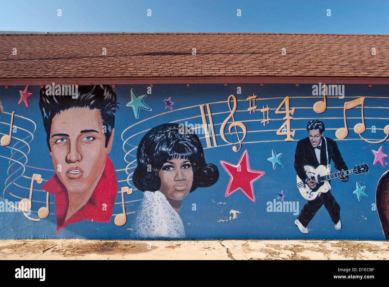 Elvis Presley, Aretha Franklin e Chuck Berry, murale in Clovis in Great Plains area del Nuovo Messico, STATI UNITI D'AMERICA Foto Stock