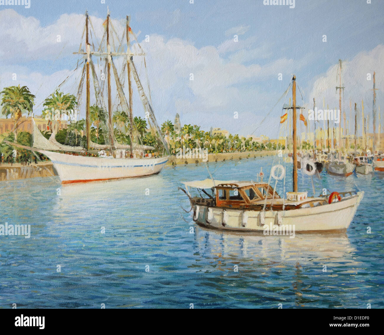 Un dipinto ad olio su tela del vecchio porto per yacht 'Port Vell' a Barcellona in una luminosa giornata di sole con una nave a vela e barche. Foto Stock