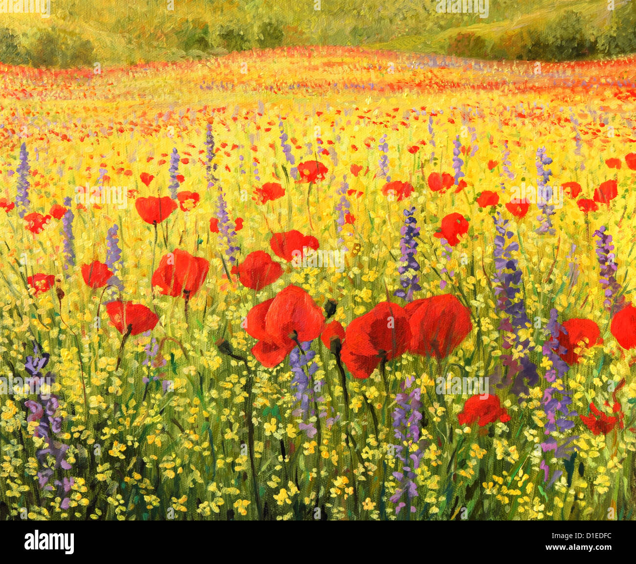 Un dipinto ad olio su tela di un colorato paesaggio rurale con un campo pieno di papaveri rossi, di colza gialli e blu delphiniums. Foto Stock