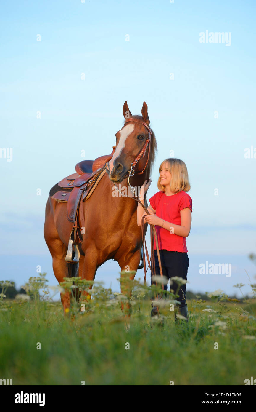 Ragazza con cavalli sul prato Foto Stock