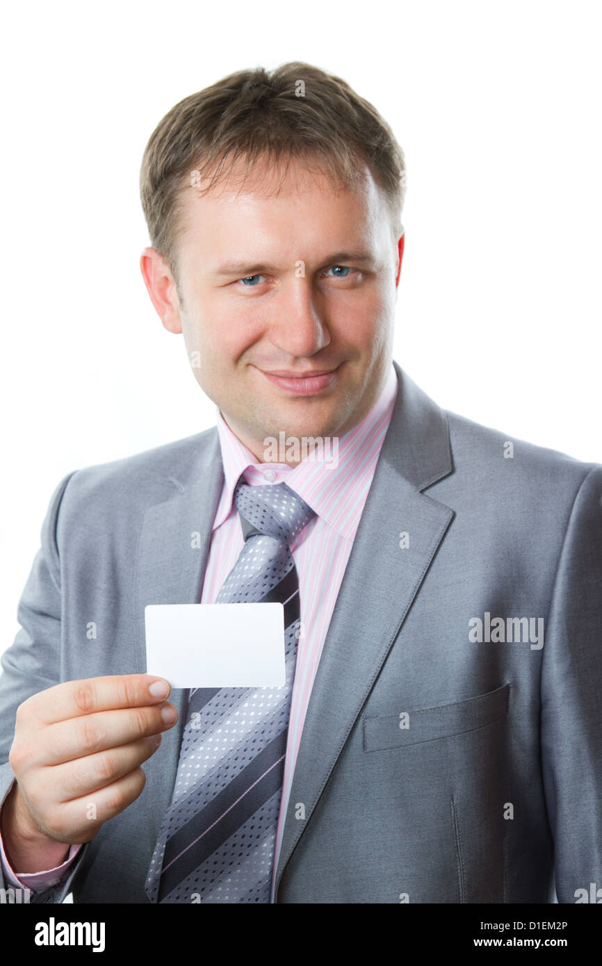 Ritratto di bello uomo d affari con la scheda vuota isolata su sfondo bianco Studio shot più di questa serie sul mio portafoglio Foto Stock