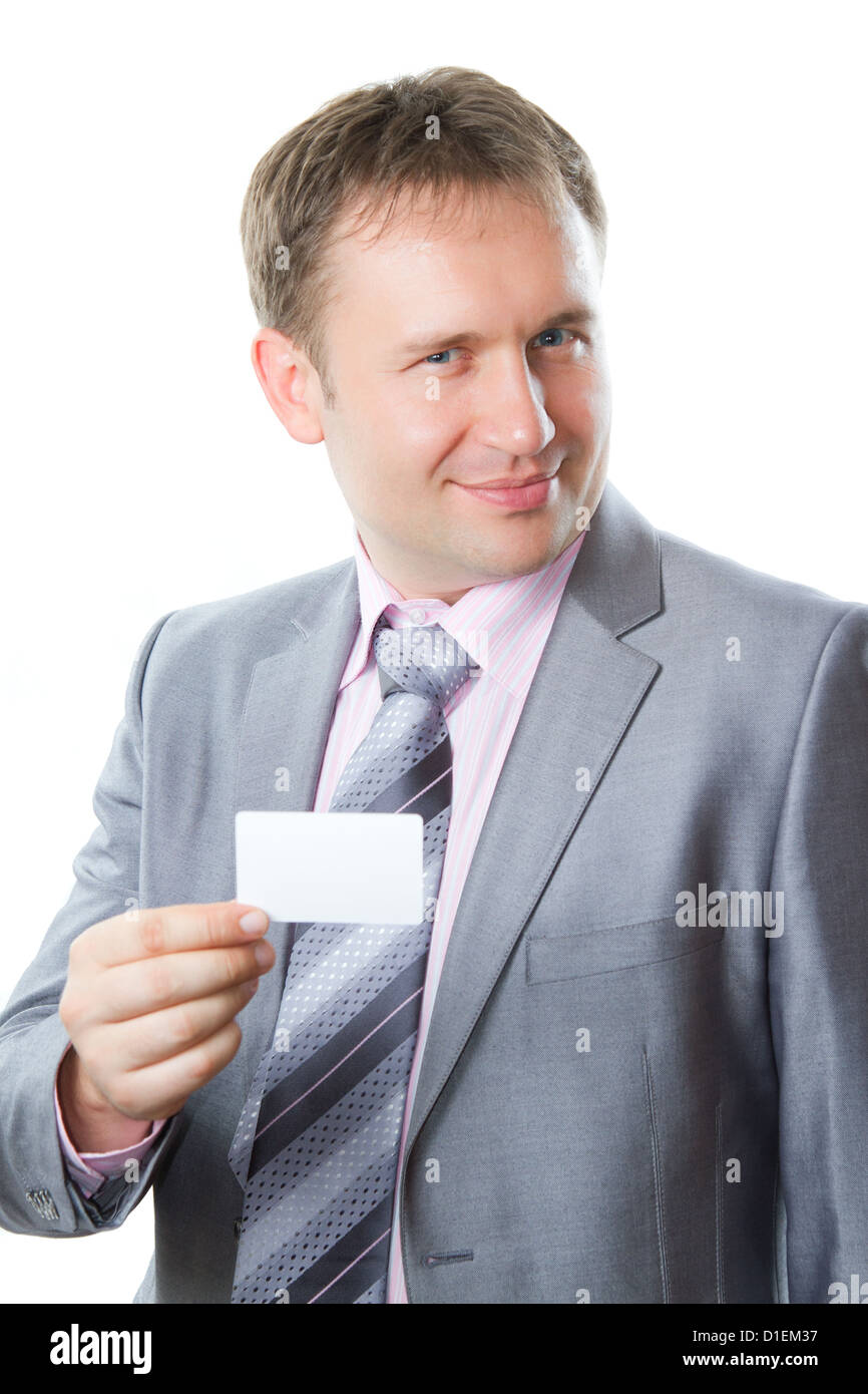 Ritratto di bello uomo d affari con la scheda vuota isolata su sfondo bianco Studio shot più di questa serie sul mio portafoglio Foto Stock