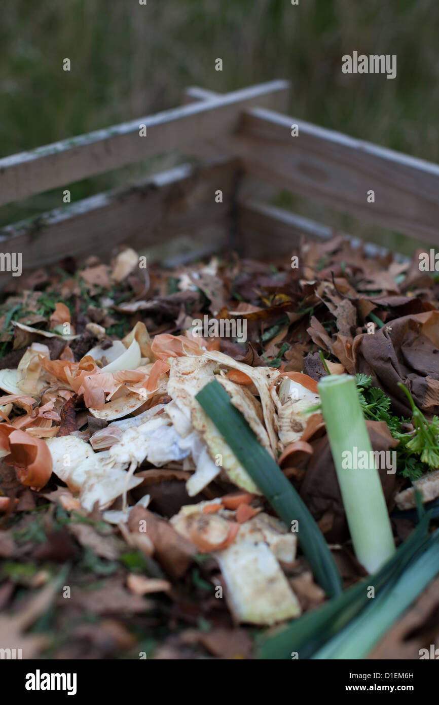 Composter nel giardino con scarti vegetali Foto Stock