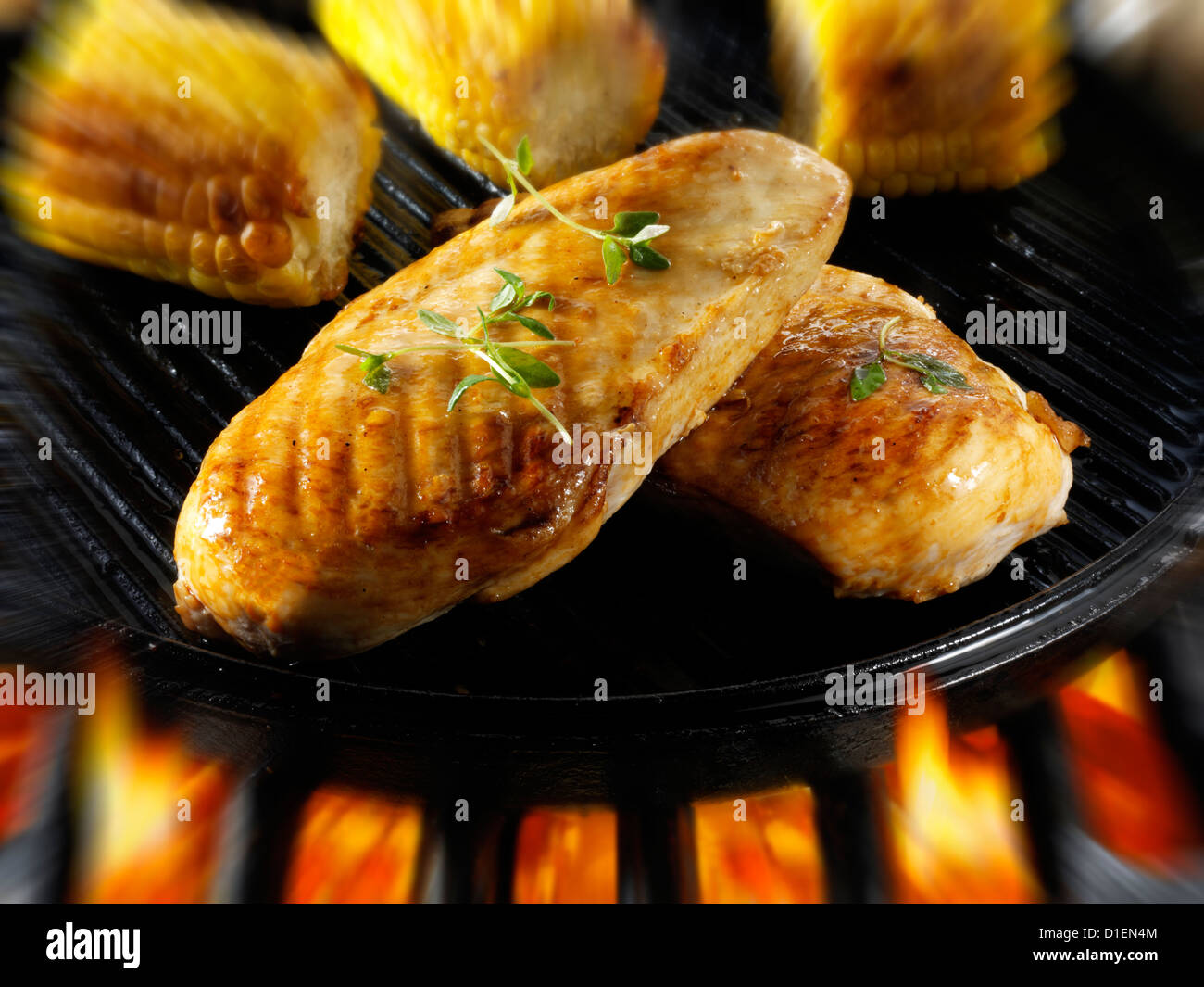 Filetti di pollo cottura su un barbecue. Cibo foto, foto e immagini. Foto Stock