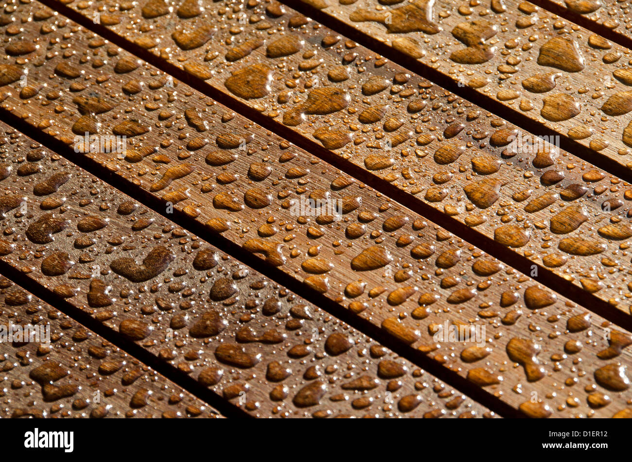 Gocce di pioggia su legno di teak Foto Stock