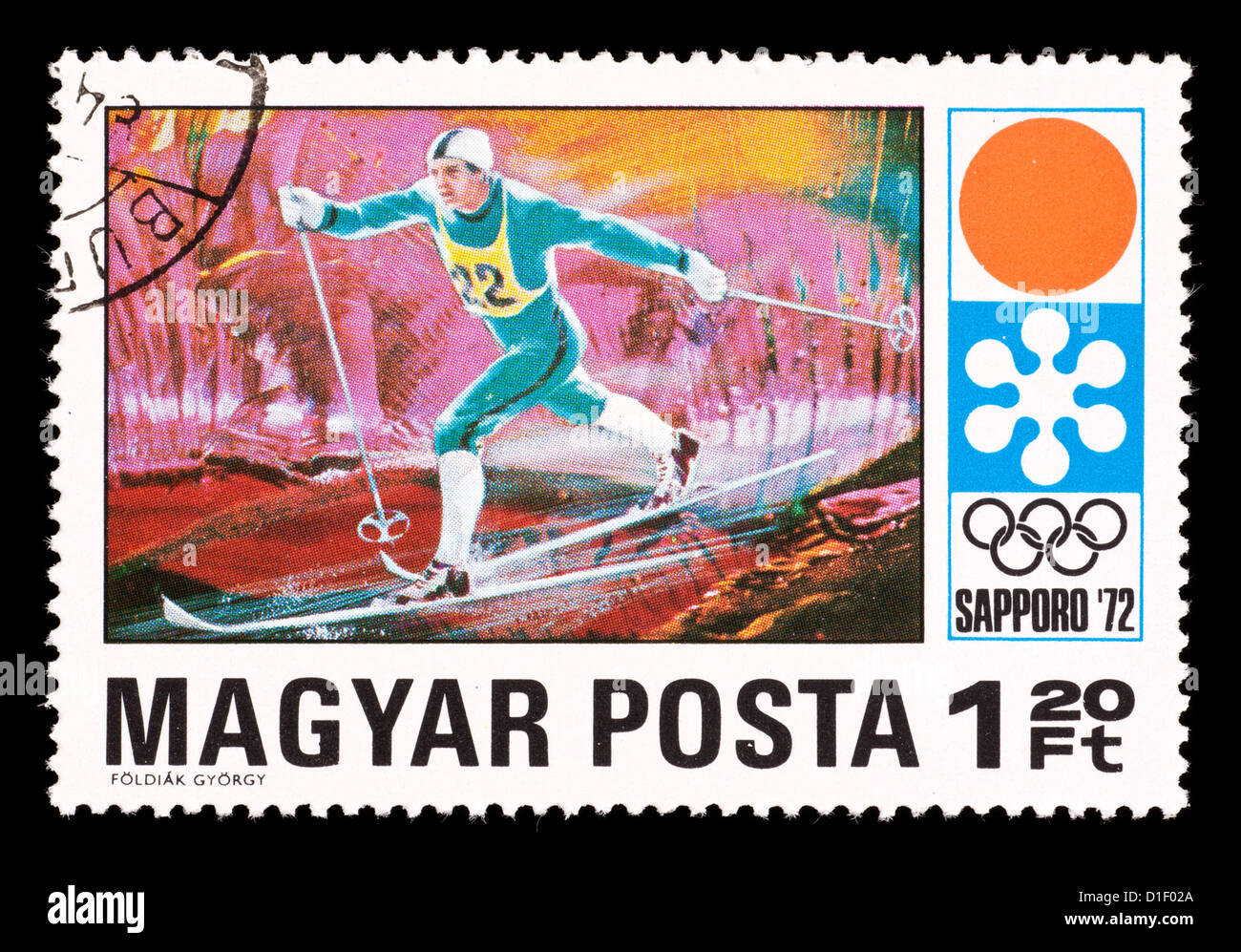 Francobollo da Ungheria raffigurante un cross country sciatore, rilasciati per le Olimpiadi Invernali del 1972 a Sapporo, Giappone. Foto Stock