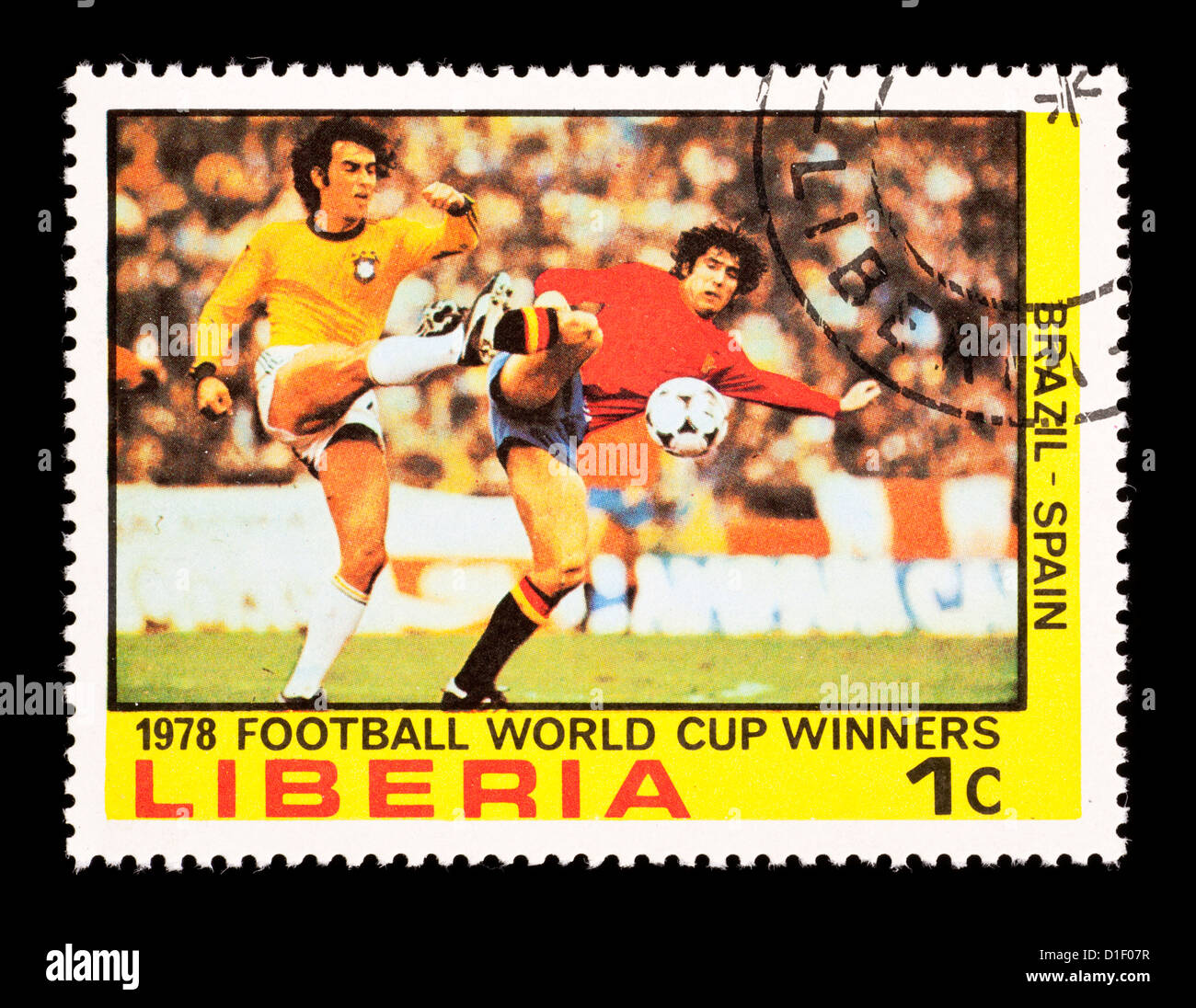 Francobollo dalla Liberia raffiguranti i giocatori di calcio, rilasciata per il 1978 Coppa del Mondo di Calcio. Foto Stock