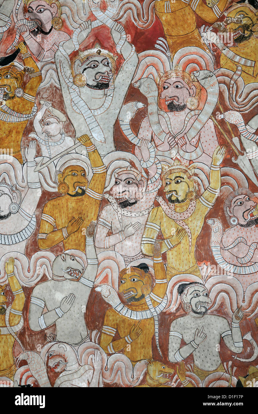 Grotta di dipinti murali raffiguranti scene buddista in Dambulla tempio nella grotta, Sri Lanka Foto Stock