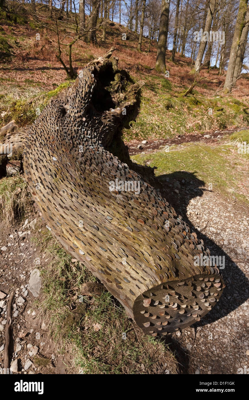 Money Tree - vecchio caduto albero tronco coperto di monete che sono state martellate in per buona fortuna, Elterwater, Cumbria, England, Regno Unito Foto Stock