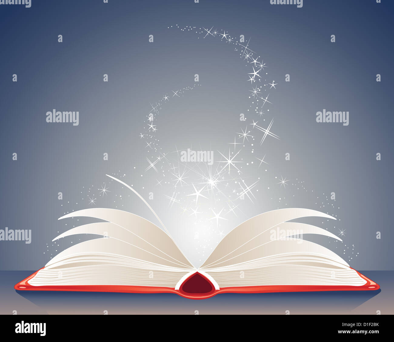 Una illustrazione di un colore rosso brillante libro magico di magie aperto su un tavolo con le stelle e brilla su uno sfondo blu scuro Foto Stock