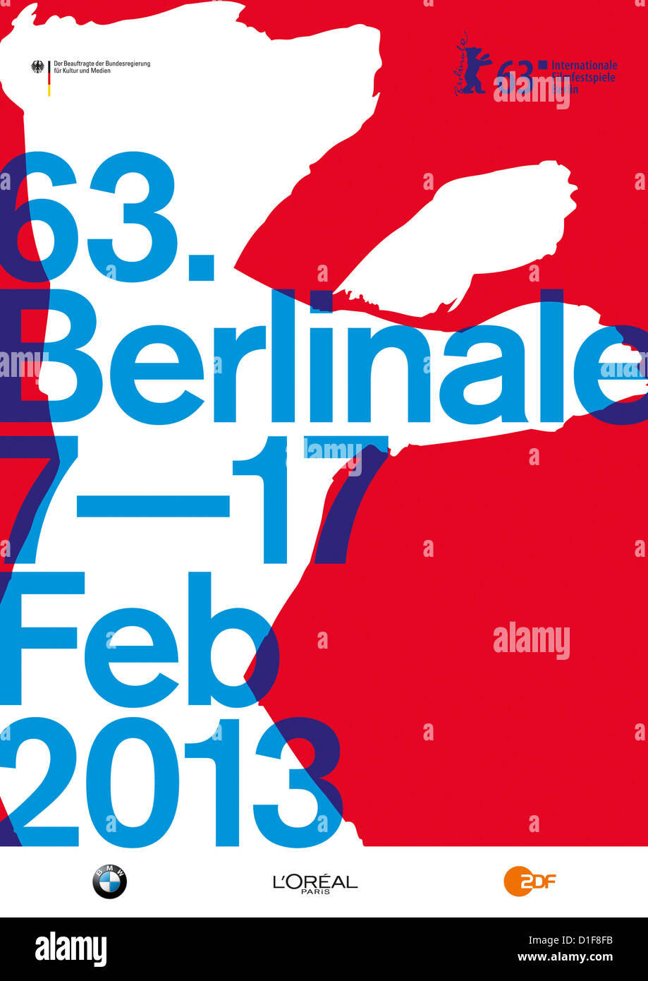 Dispensa - un handout immagine mostra la corrente poster per il prossimo 63Berlinale 2013. Il poster sarà la pubblicità il festival del film a partire dalla metà di gennaio in poi e sarà distribuito nella zona intorno a Potsdamer Platz. Il 63° festival internazionale del cinema di Berlino dispone di registi provenienti da tutto il mondo che si troverà a competere con le loro opere per l'argento e l'Orso d'oro trofei tra il 7 e il 17 febbraio 2012. Foto: BOROS, Agentur für Kommunikation © Internationale Filmfestspiele Berlin Foto Stock