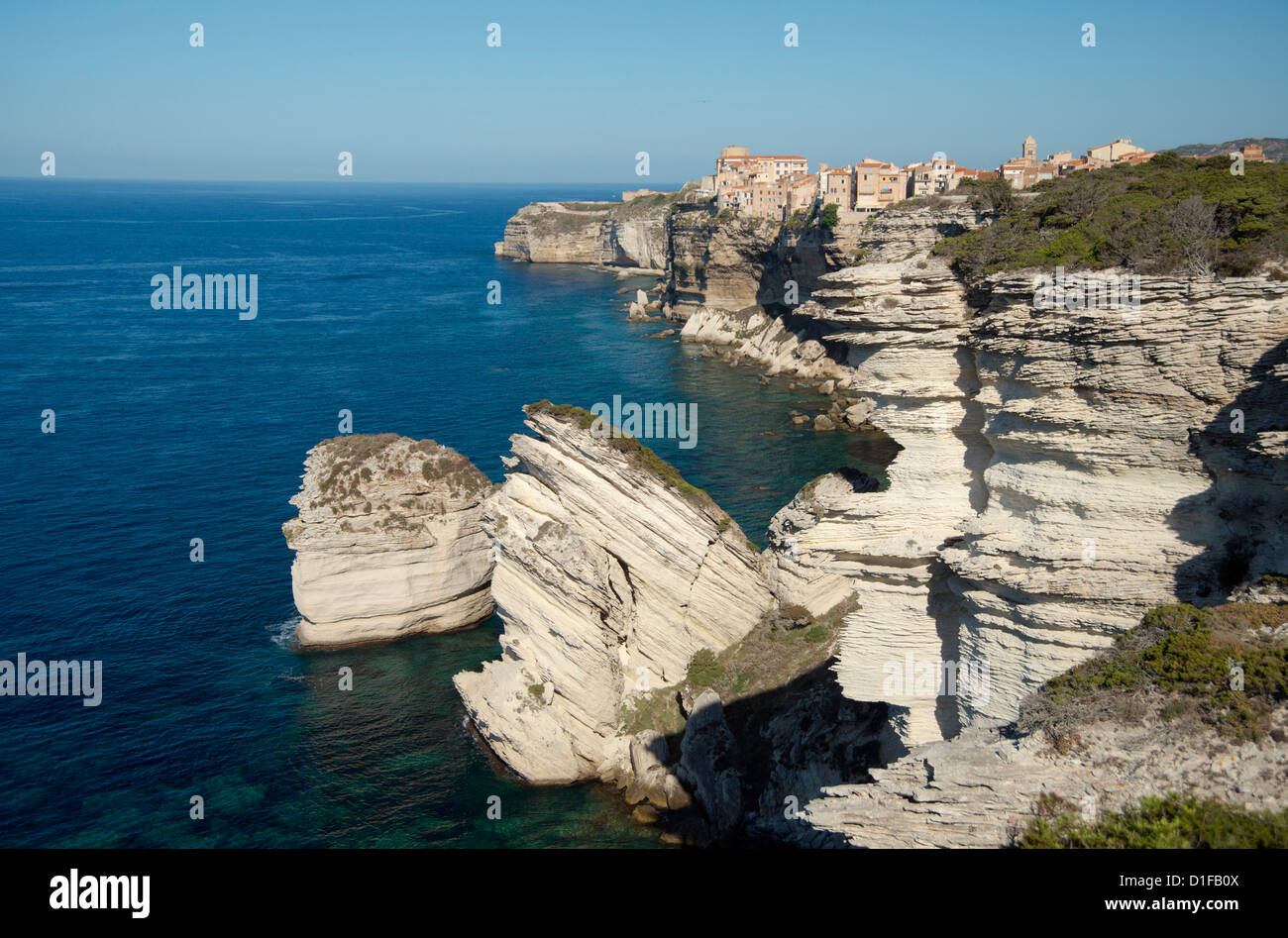 La Haute Ville arroccato su scogliere calcaree a Bonifacio, Corsica, Francia, Mediterraneo, Europa Foto Stock