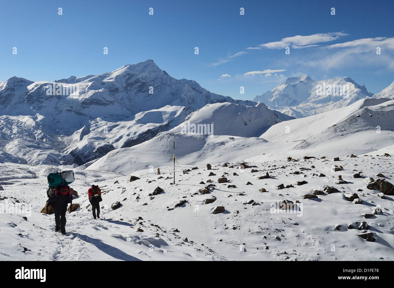 Thorong La Thorung (la), un pass a 5416m, Annapurna Area di Conservazione, Gandaki, Regione Occidentale (Pashchimanchal), Nepal Foto Stock