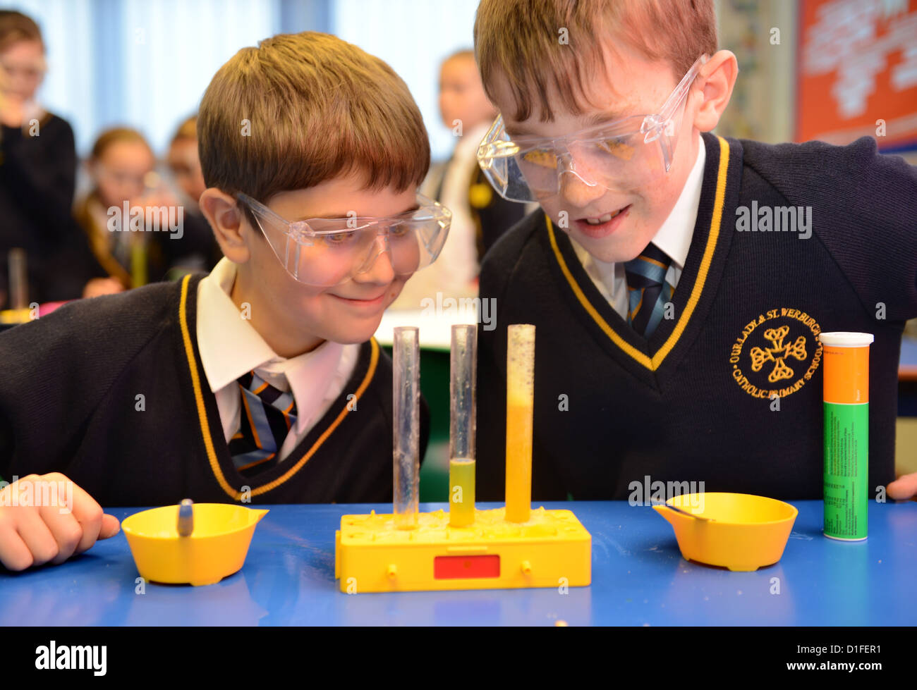 Scolari durante una classe di scienze presso la Madonna e San Werburgh Cattolico della scuola primaria a Newcastle-under-Lyme, Staffordshir Foto Stock