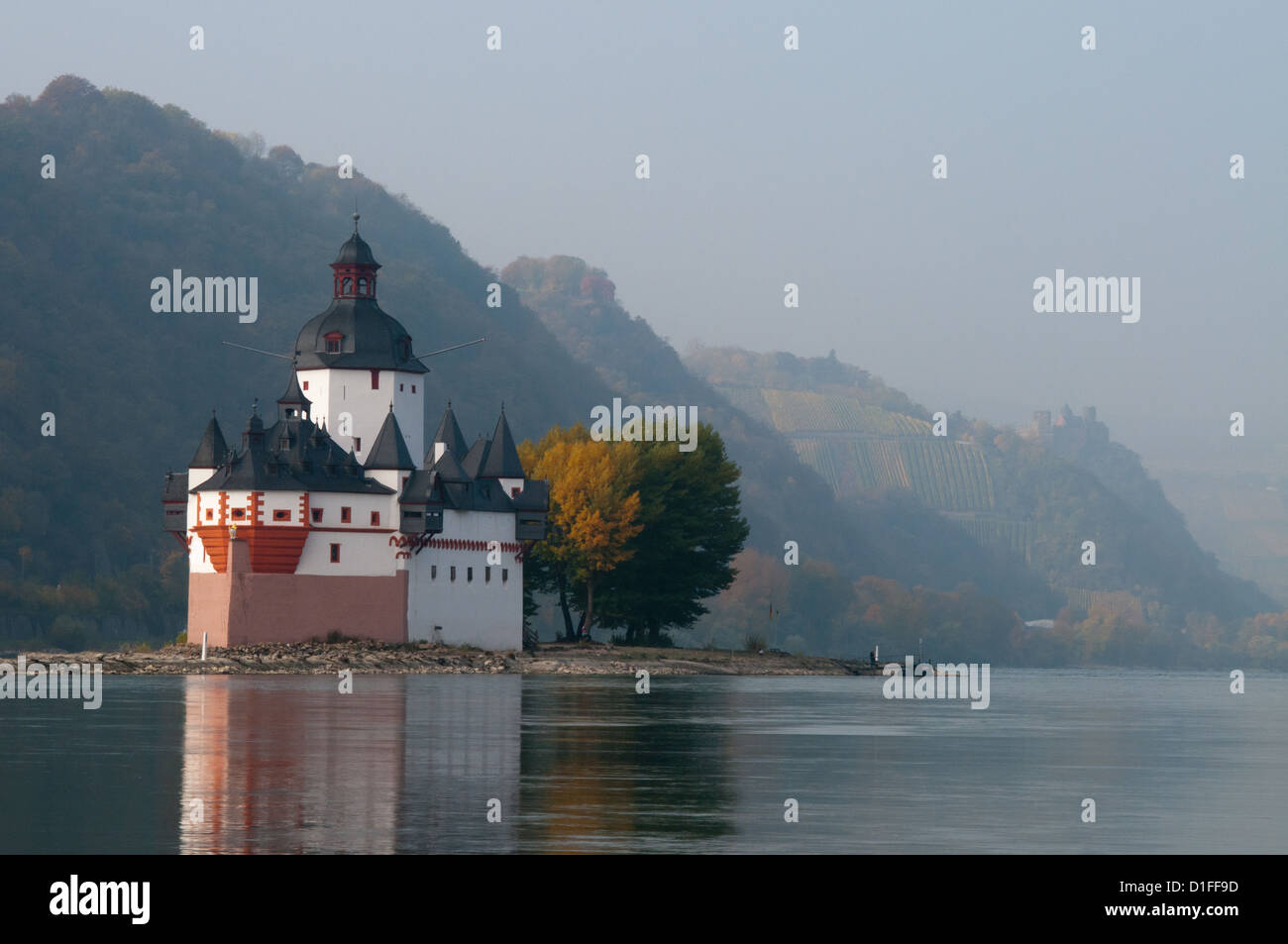 Pedaggio Pfalzgrafenstein castello sull isola nel fiume Reno, Kaub Foto Stock