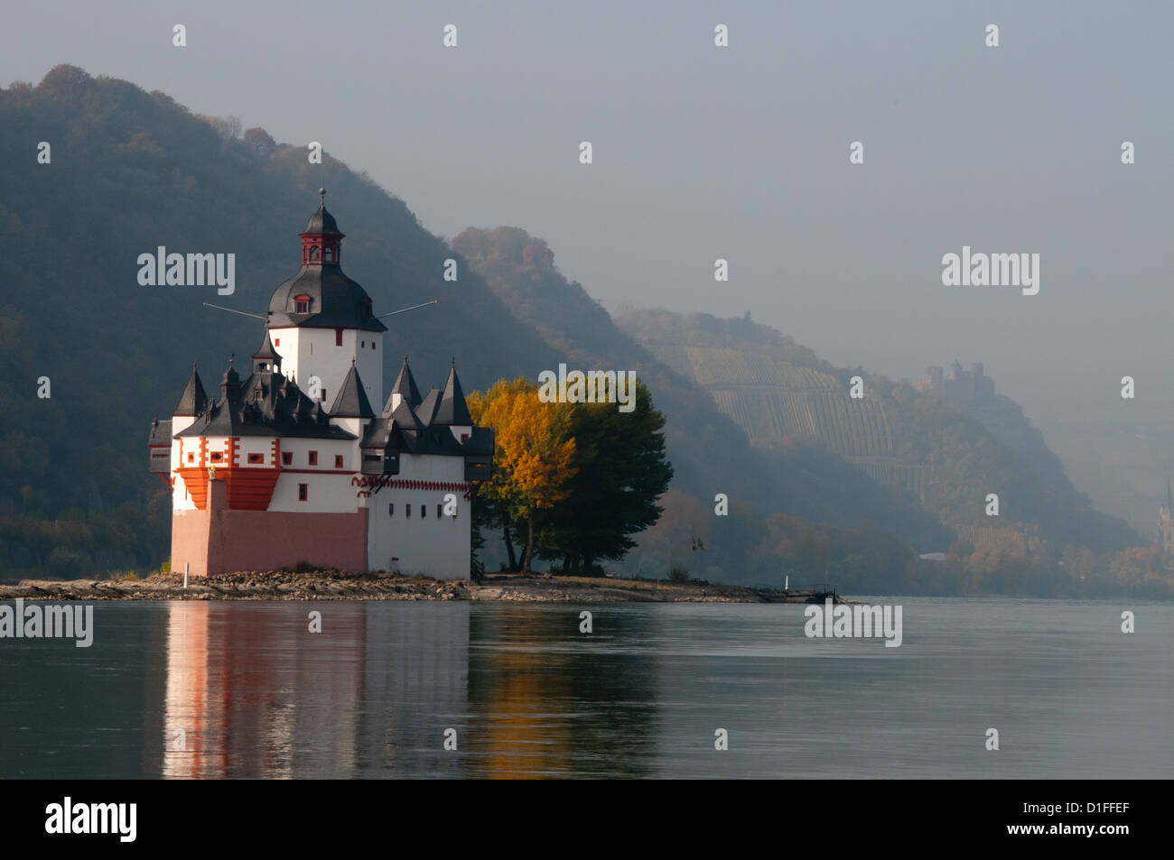 Pedaggio Pfalzgrafenstein castello sull isola nel fiume Reno, Kaub Foto Stock