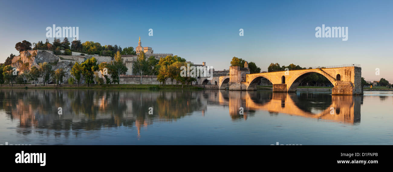 Alba sul fiume Rodano, Pont Saint Benezet e Palais des Papes, Avignone, Provenza Francia Foto Stock
