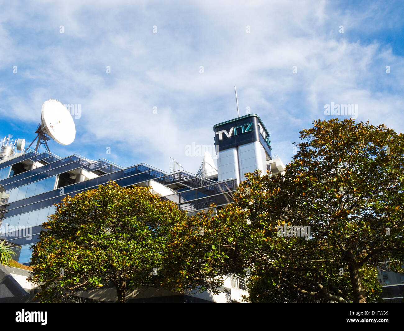 Una vista della TVNZ edificio. TV nazionale neozelandese degli studi televisivi e uffici, città di Auckland, Isola del nord, Nuova Zelanda. Foto Stock