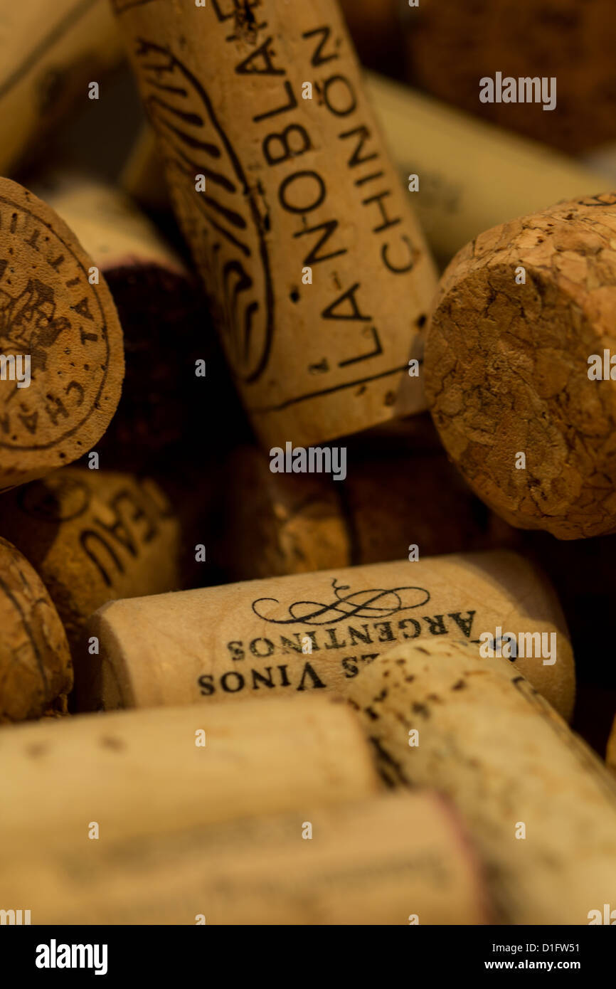 Collezione di bottiglie di vino i tappi di sughero Foto Stock
