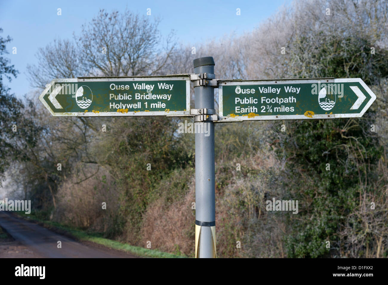 Indicazioni per il Ouse Valley distanza lungo il percorso lungo le sponde del Fiume Great Ouse da Bedfordshire a Cambridgeshire a Needingworth Foto Stock