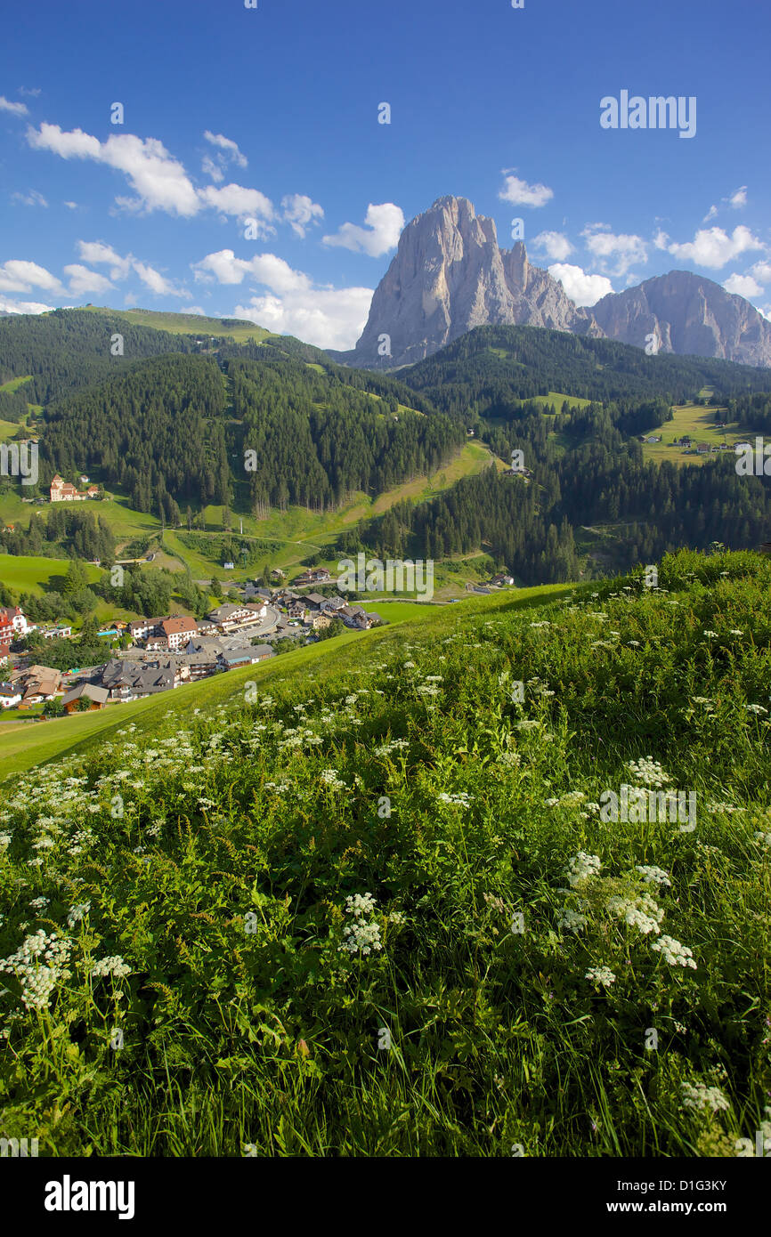 Santa Cristina dominato dal Sassolungo montagna, Val Gardena, Provincia Autonoma di Bolzano Alto Adige, Dolomiti italiane, Italia Foto Stock