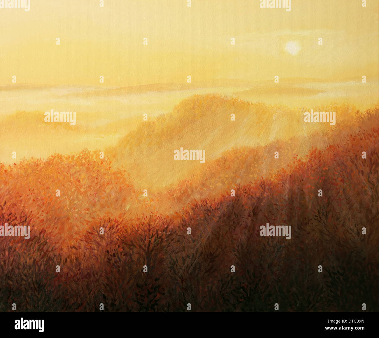 Un dipinto ad olio su tela di un inizio di mattina nebbiosa alba con i raggi di sole che accarezzano i pendii della montagna. Foto Stock