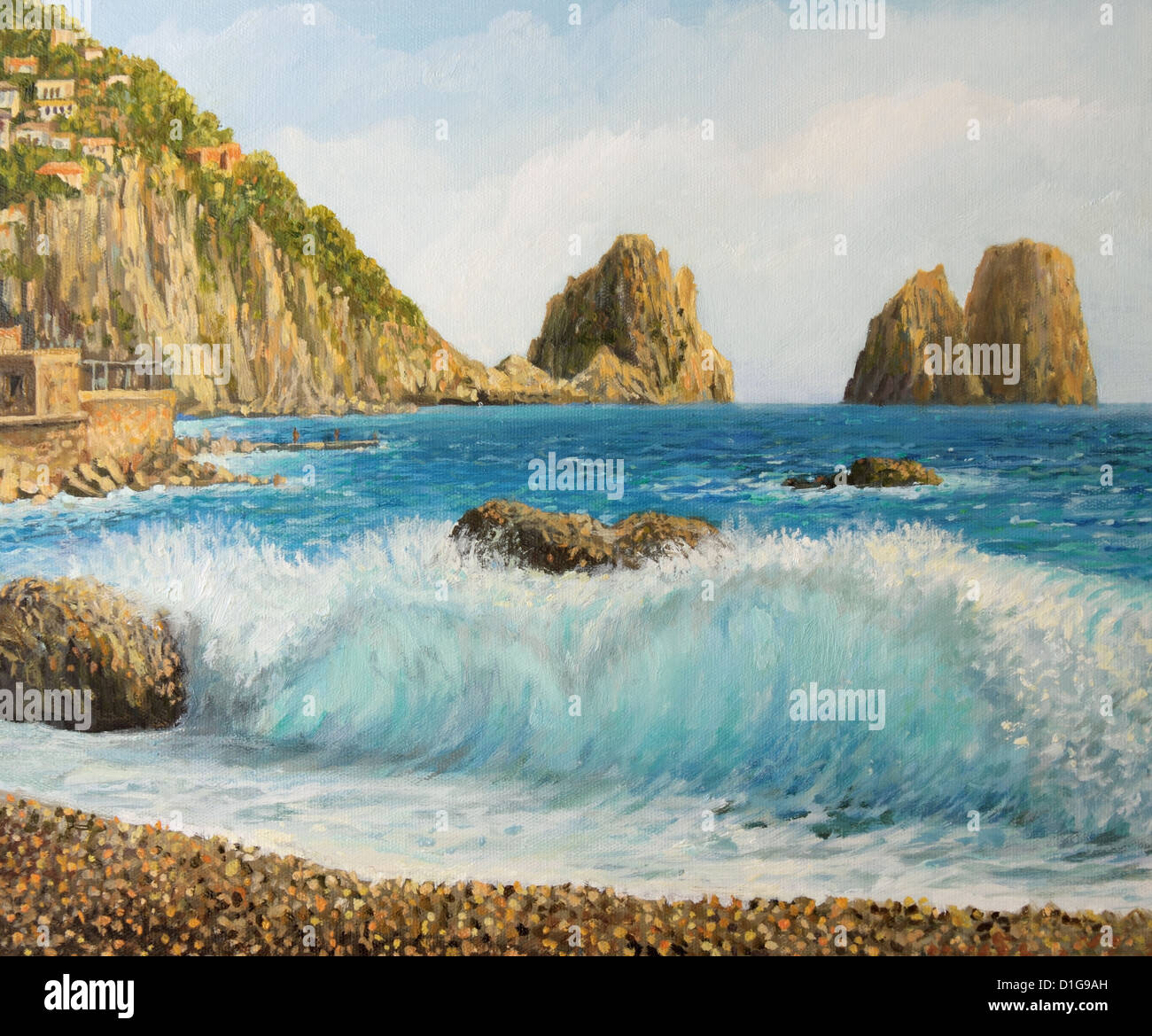 Un dipinto ad olio su tela di famosi Faraglioni Rock formazione sulla isola di Capri Nel Golfo di Napoli area con crystal clear wave. Foto Stock