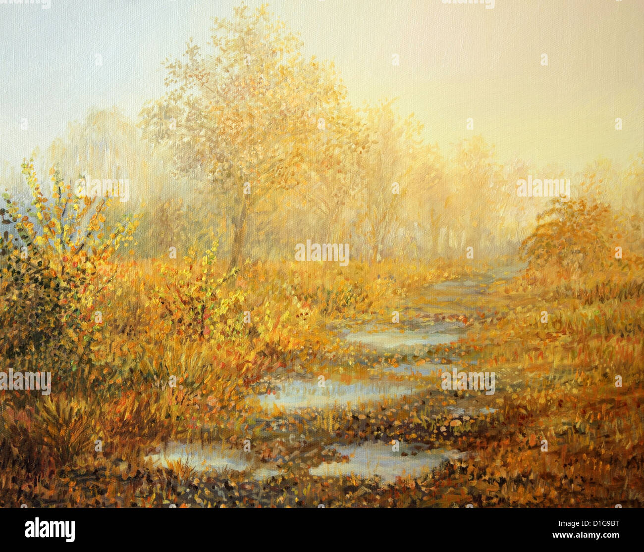 Un dipinto ad olio su tela di un caldo e nebbiosa mattina presto il paesaggio nei campi con una stretta strada sterrata. Foto Stock