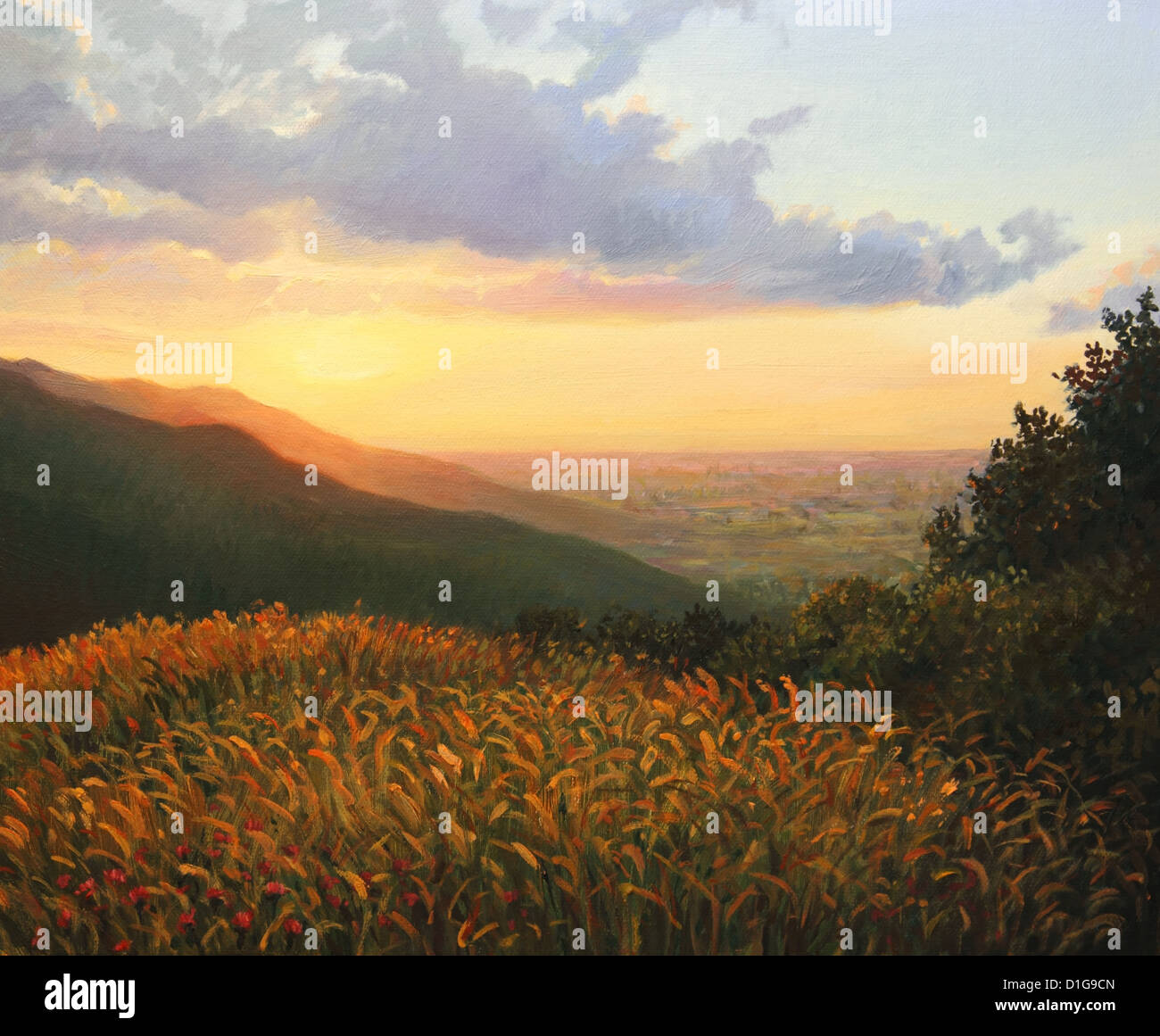 Un dipinto ad olio su tela di un luminoso colorato tramonto con il sole che tramonta su pendii della montagna. Foto Stock