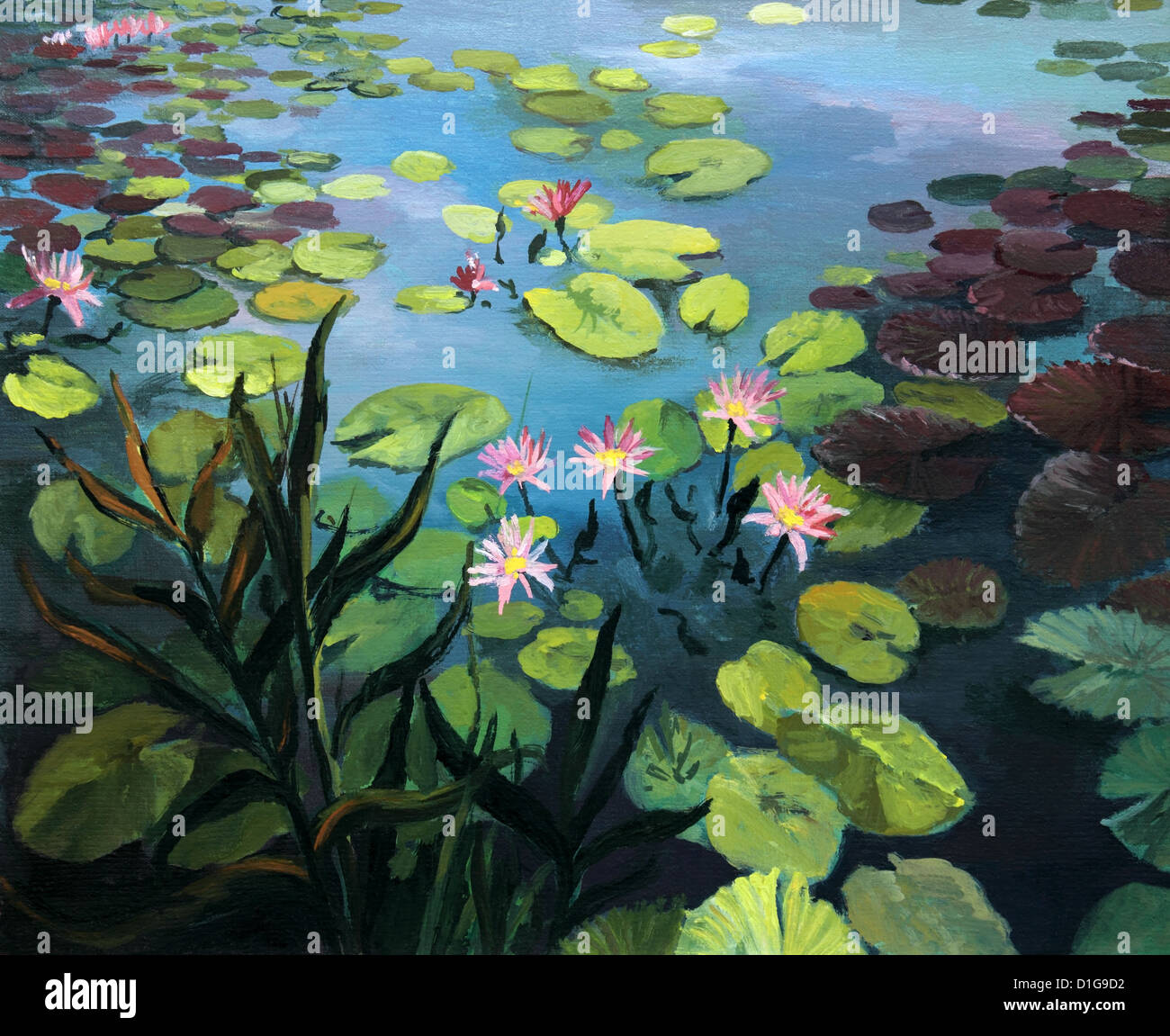 Un dipinto ad olio su tela di un laghetto colorato con splendidi fiori di loto e il riflesso del cielo sulla superficie dell'acqua. Foto Stock