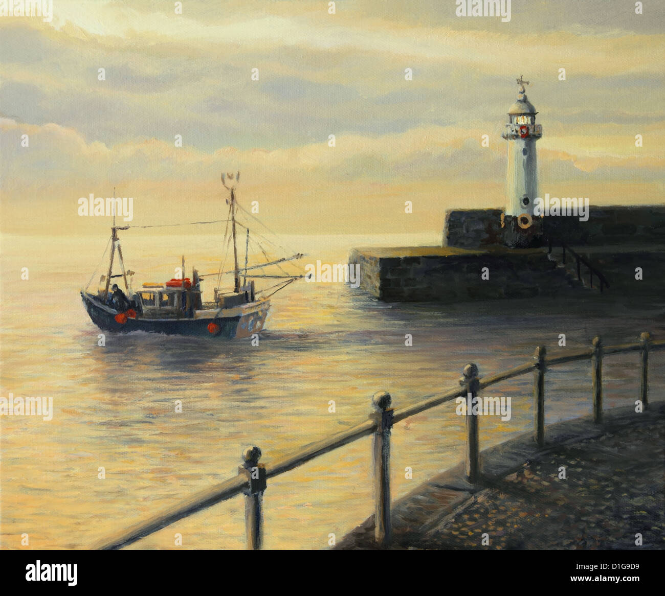 Un dipinto ad olio su tela di un sunrise paesaggio con una barca da pesca di lasciare il porto e di un vecchio faro in Mevagissey, Foto Stock