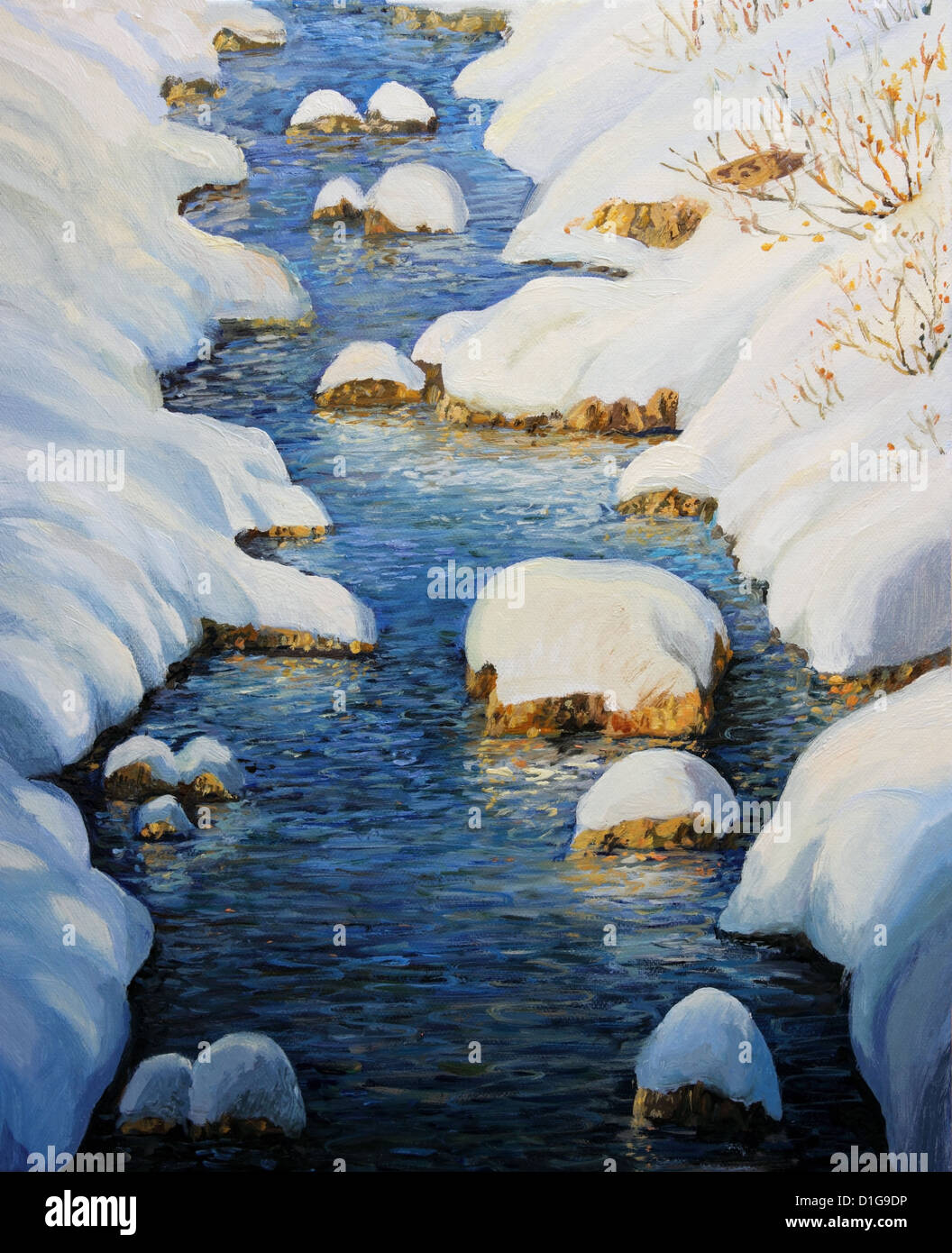 Un dipinto ad olio su tela di un grazioso fiume invernale con riflessi colorati di alta montagna. Foto Stock