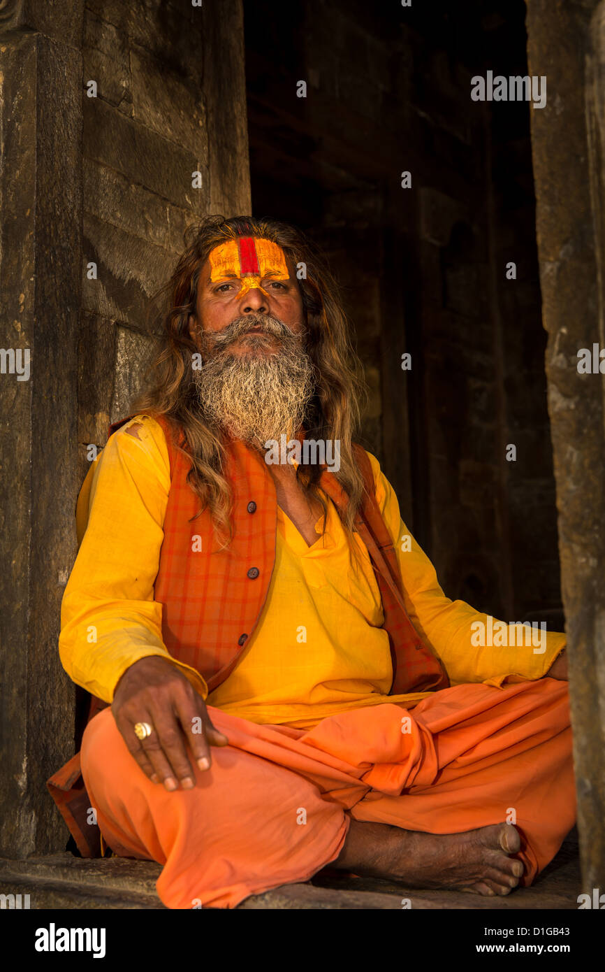 Un Sadhu, santo uomo, tempio di Pashupatinath, Kathmandu, Nepal Foto Stock