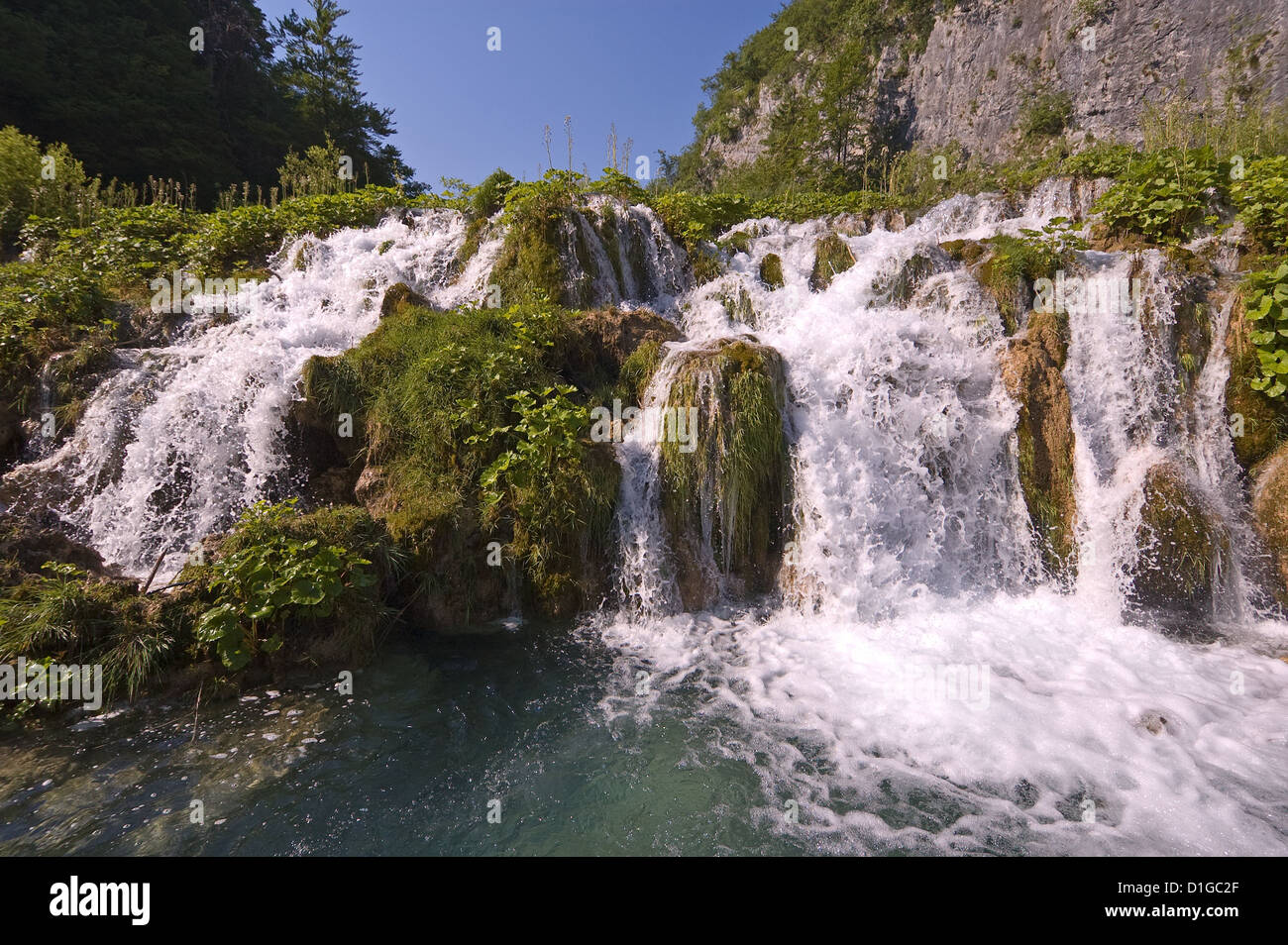 Elk192-1823 Croazia, il Parco Nazionale dei Laghi di Plitvice, laghi inferiori, cascate Foto Stock