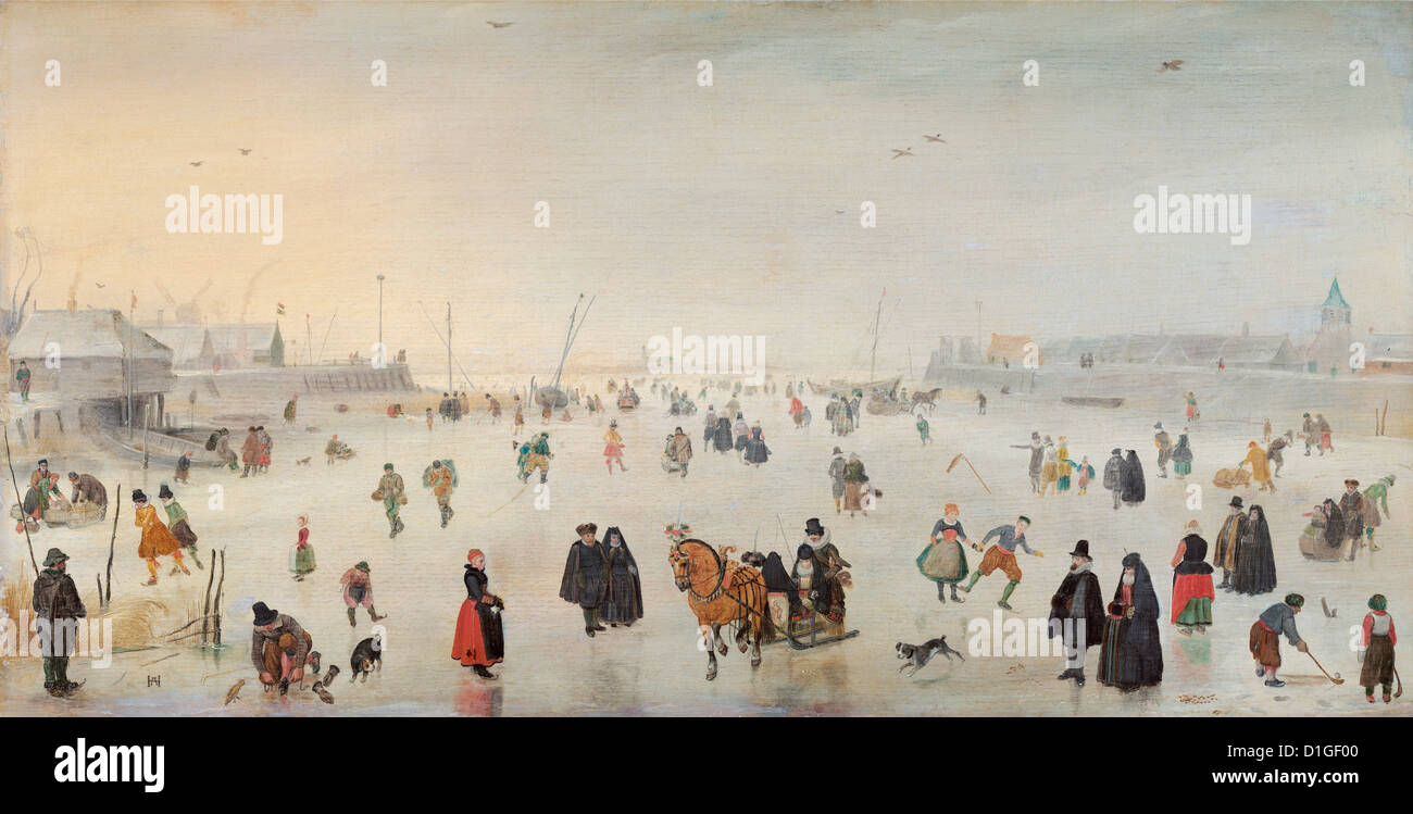 Hendrick Avercamp - una scena sul ghiaccio. La pittura di paesaggio di un olandese scena invernale durante la Piccola era glaciale. Foto Stock