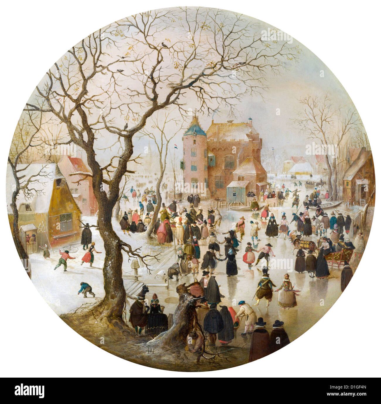 Hendrick Avercamp - una scena invernale con pattinatori nei pressi di un castello. La pittura di una scena olandese durante la Piccola era glaciale. Foto Stock