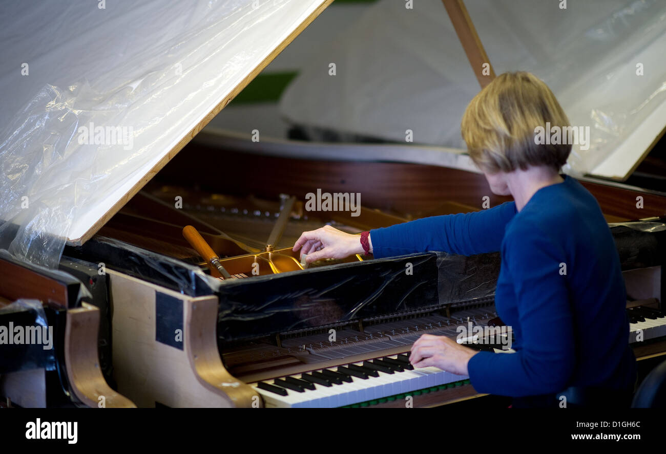 Piano master builder Wiebke Wunstorf tunes un concerto pianoforte a 'Steinway' ad Amburgo, Germania, 20 novembre 2012. La Steinway è un fabbricante di pianoforti e fu fondato da Henry E. Steinway a New York nel 1853. Foto: Axel Heimken Foto Stock